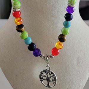 Multi Colored Lava Rock Necklace with Tree of Life Charm